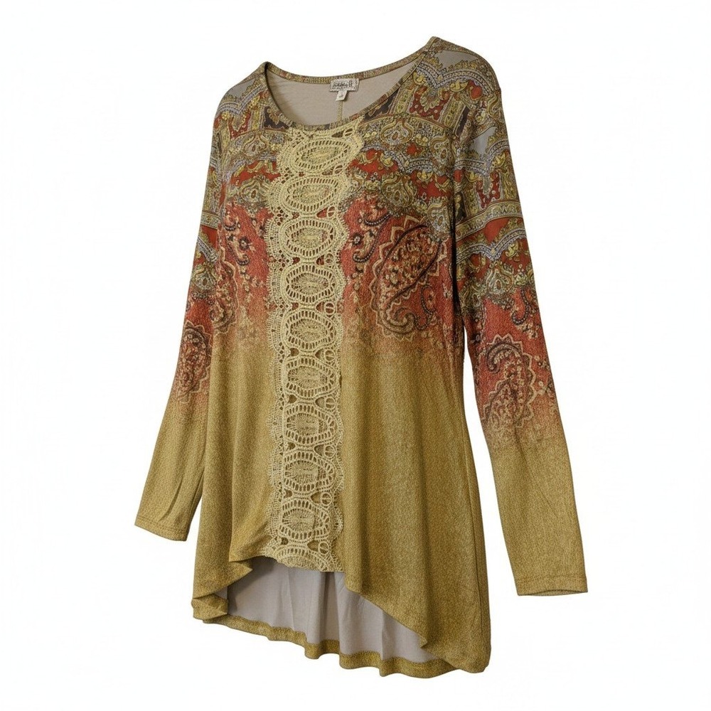One World Mustard Paisley Crochet Studded High Low Tunic Boho Hippie Top Size L